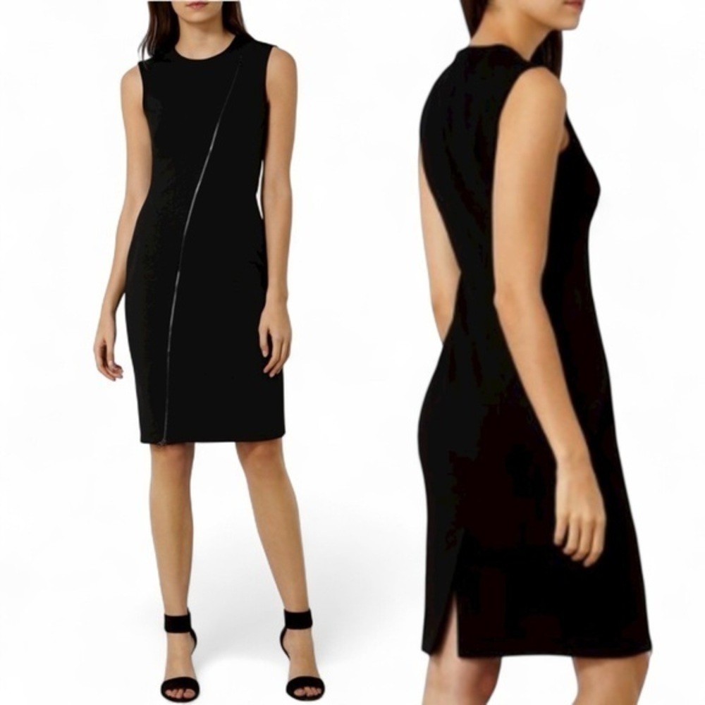 KAREN MILLEN BLACK ASYMMETRICAL ZIPPER PENCIL SHEATH BUSINESS CAREER DRESS SZ 8